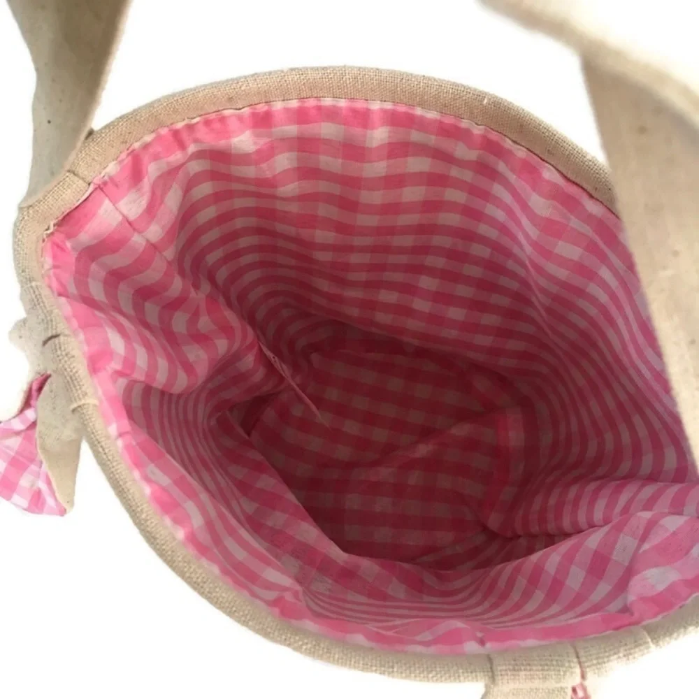 Easter Bunny Bucket Bag Tote Linen Canvas Gingham Floppy Ear Lined Pink Tan Girl